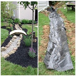 Modele  d'un creation de ruisseau ou bassin en rocailles avec plantations roches objets pierres etc..AV ET APR